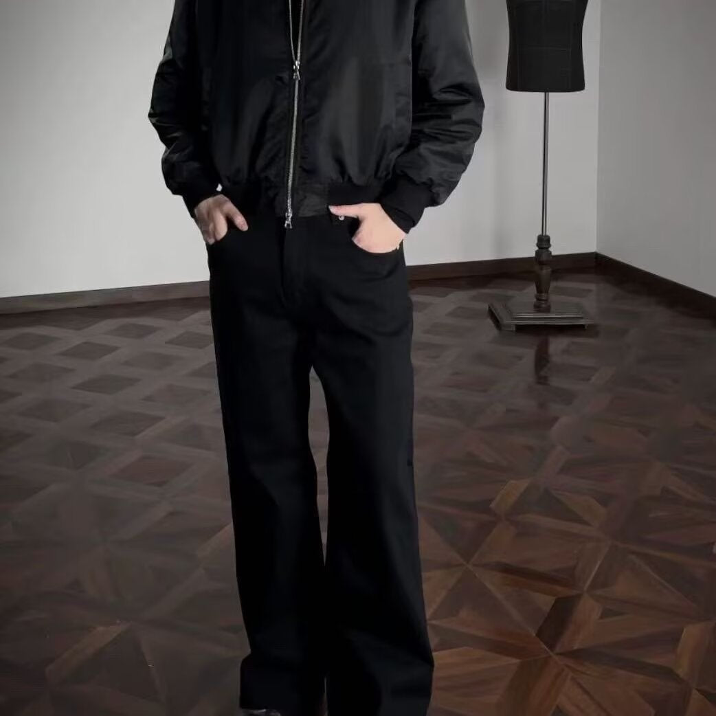 High-waisted straight-leg casual pants in black, relaxed fit, long length with drape
