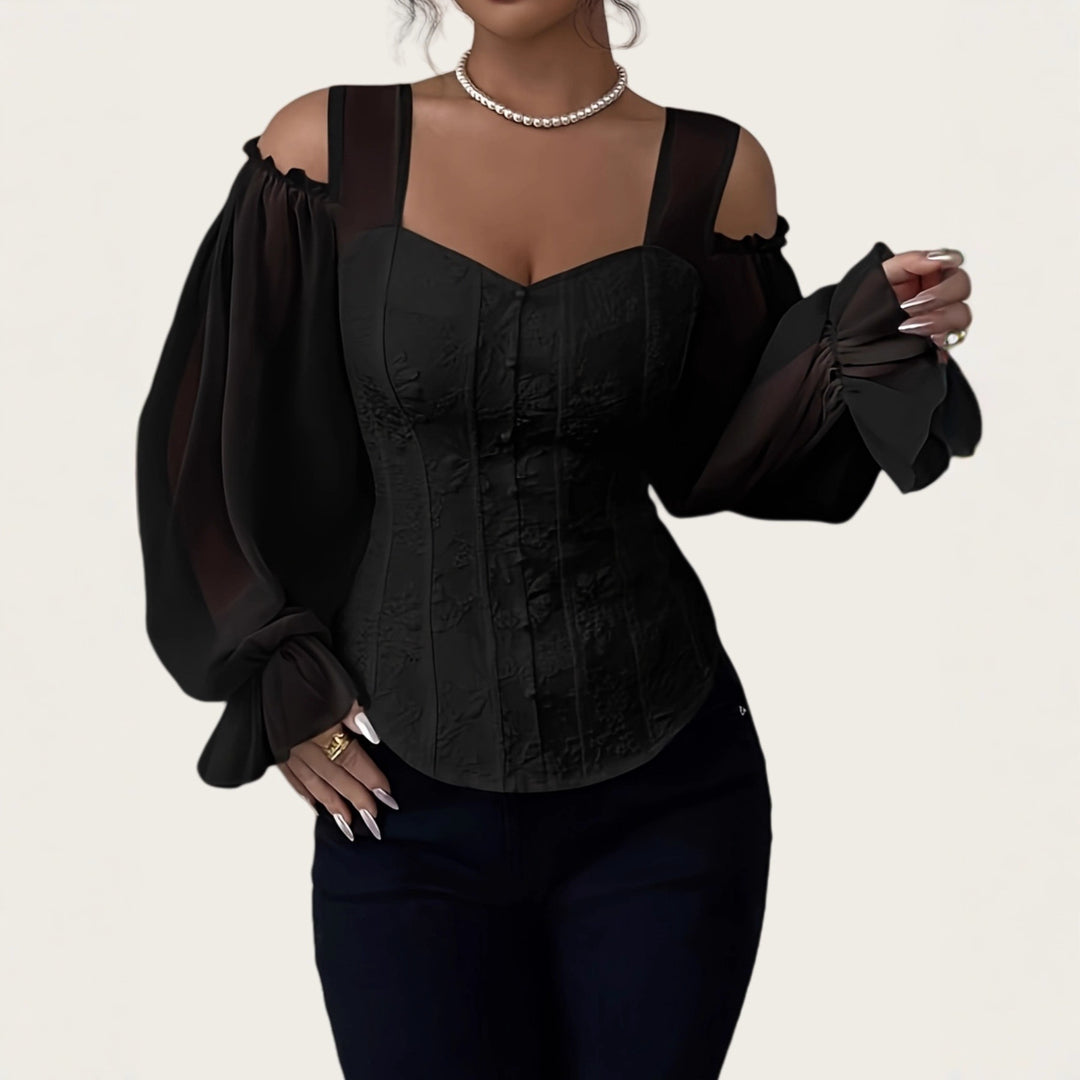 Black off-shoulder corset-style blouse with floral jacquard and sheer puff sleeves