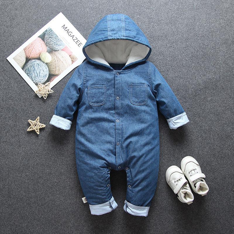 Baby denim blue hooded winter onesie with snap front and two chest patch pockets