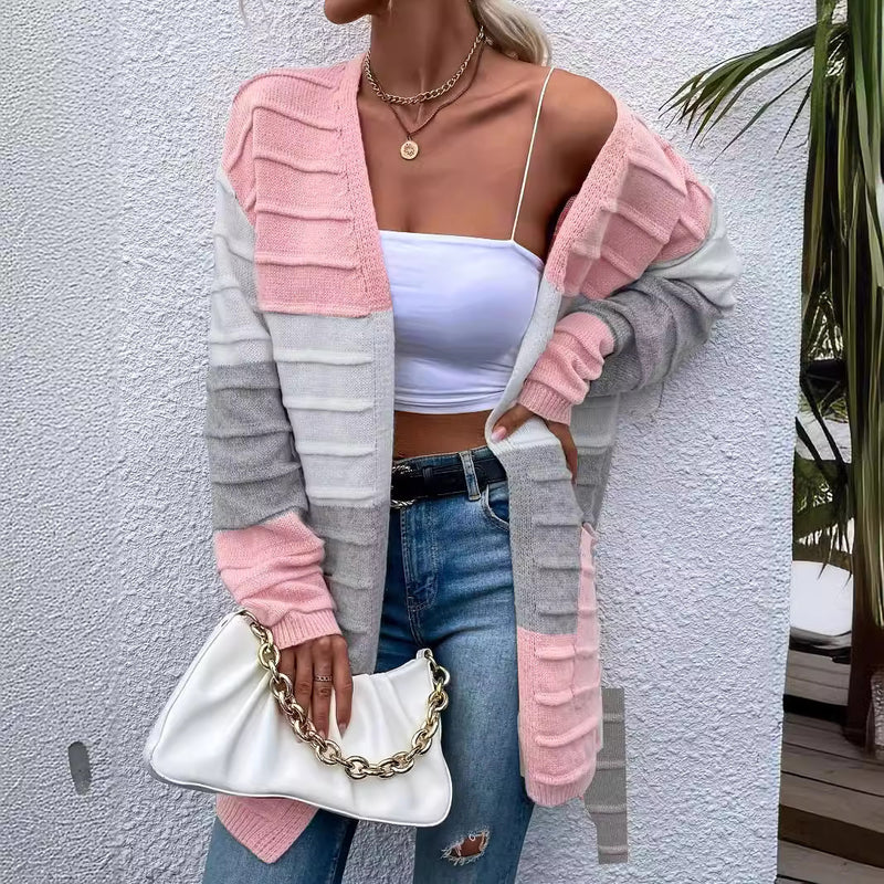 Long Striped Color Matching Cardigan - WOMONA.COM