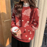 Red Christmas Tree Jacquard Warm Sweater Women - WOMONA.COM