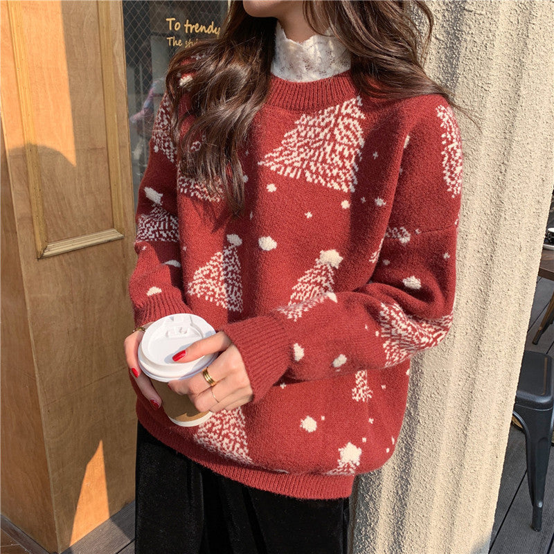 Red Christmas Tree Jacquard Warm Sweater Women - WOMONA.COM