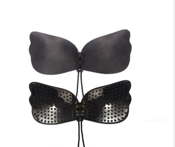 Dark gray strapless bra with bow-like center lace-up