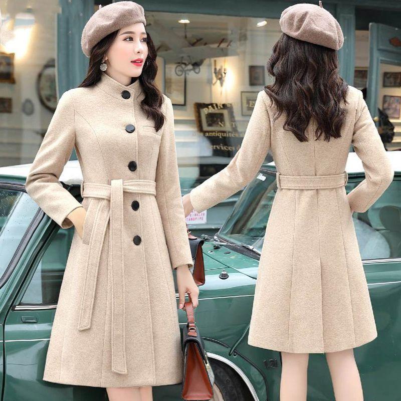 Women’s beige wool coat with button front, long sleeves, and waist tie belt