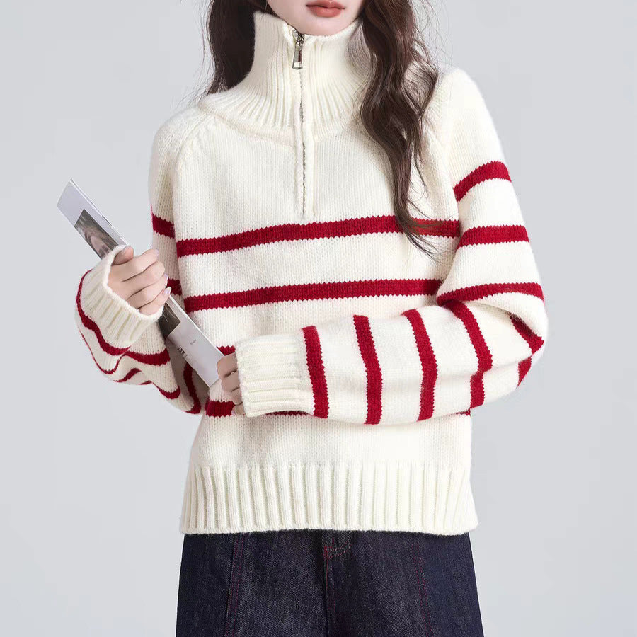 Women's half-zip striped turtleneck knit top