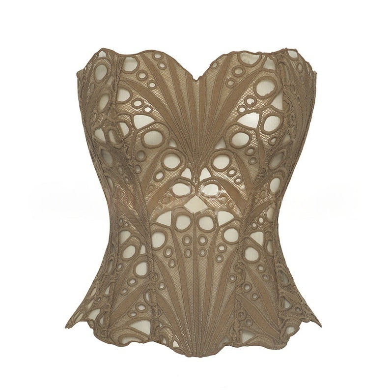 Beige lace-print strapless shapewear corset with structured eyelet pattern