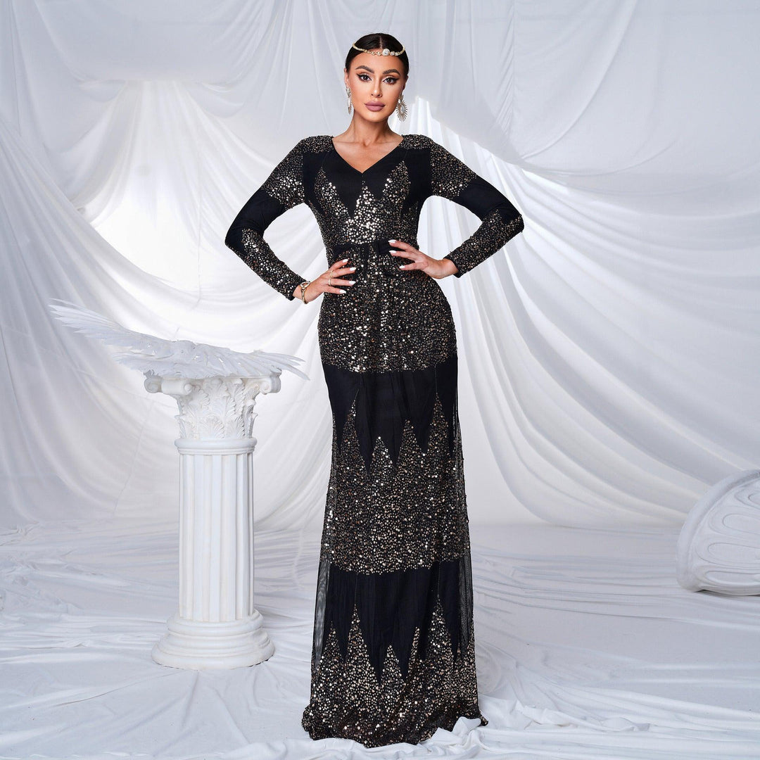 Black long-sleeve V-neck sequin evening dress, slim fit with flowing floor-length hem