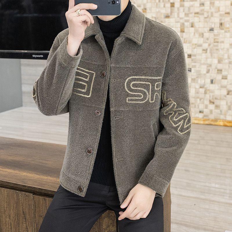 Men's gray wool jacket coat with lapel, button front, chest patches and long sleeves