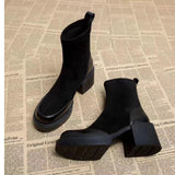 Thick Bottom Chunky Heel Real Soft Leather Round Toe Retro Socks Boots - WOMONA.COM