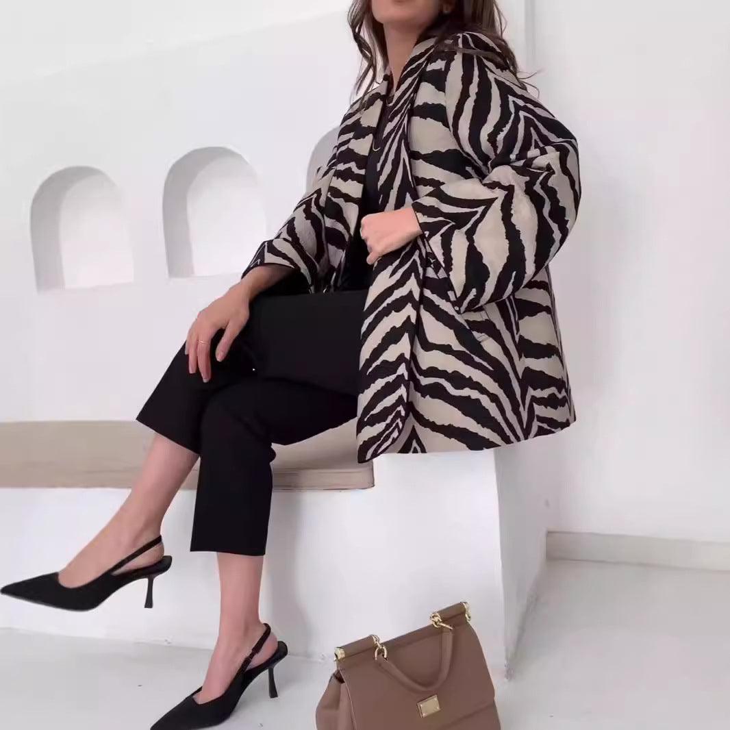 Women's Striped Printed French Lapel Suit Jacket - WOMONA.COM