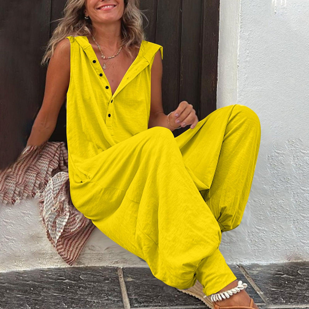 Yellow sleeveless hooded jumpsuit with button-front placket and wide-leg pants