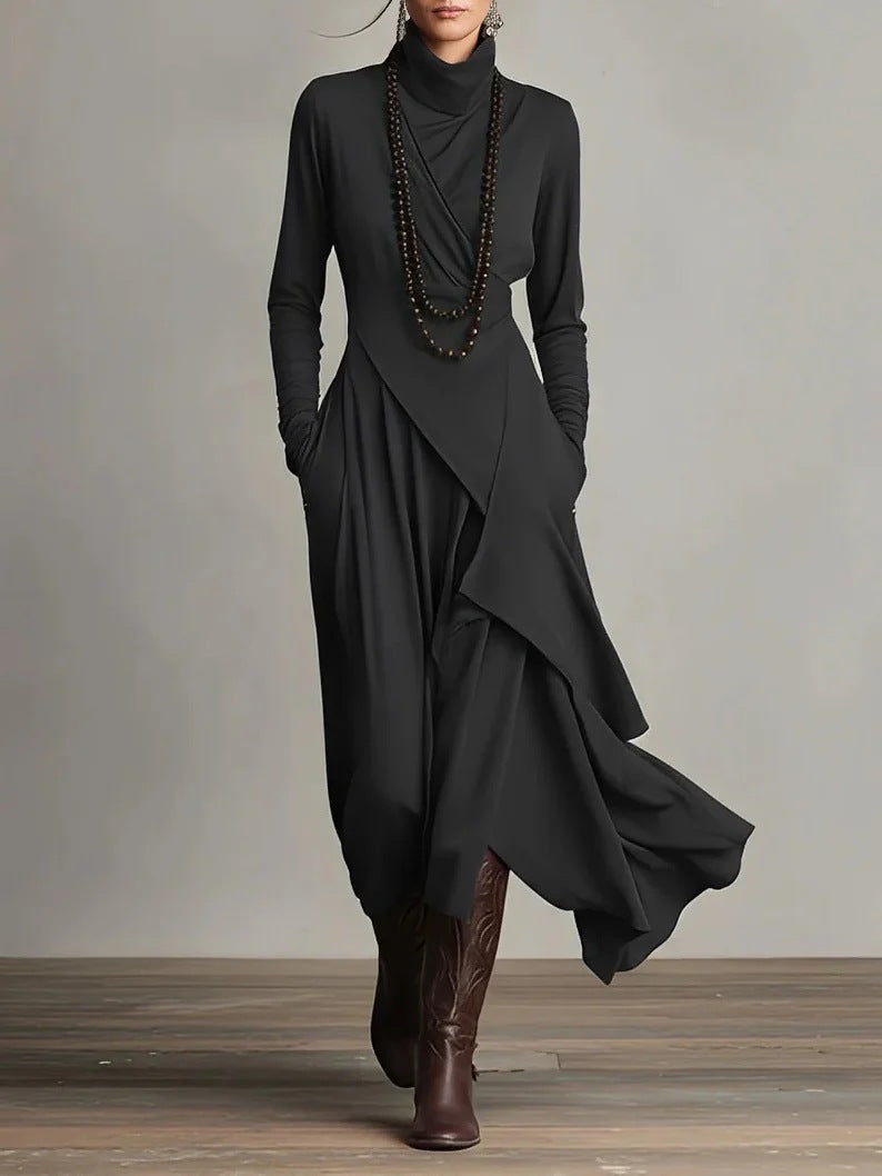 Women's High-Neck Long-Sleeve A-Line Maxi Dress – product view 9 | WOMONA