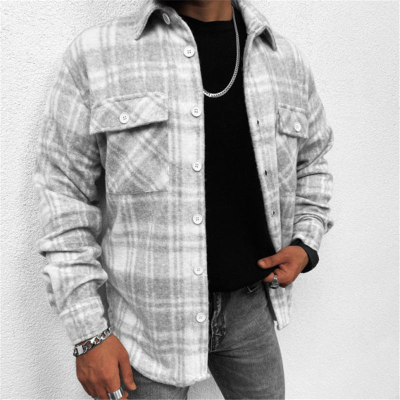 Men's gray plaid double-pocket shirt jacket