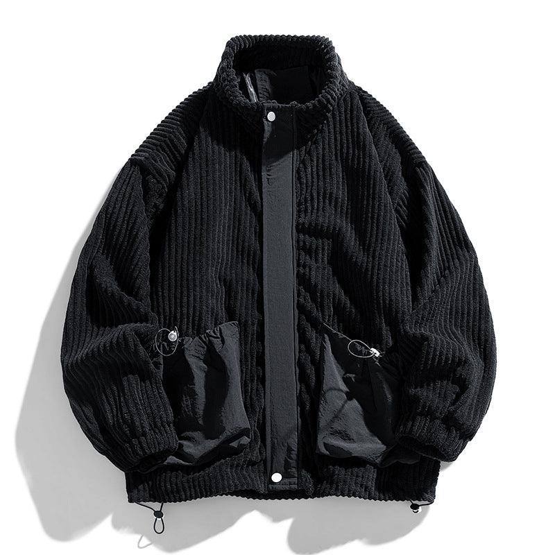 Plus-size black corduroy-style jacket with zip front, stand collar, and elastic cuffs