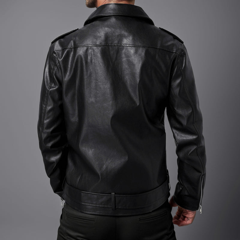 Slim-fit Lapel Leather Jacket - WOMONA.COM