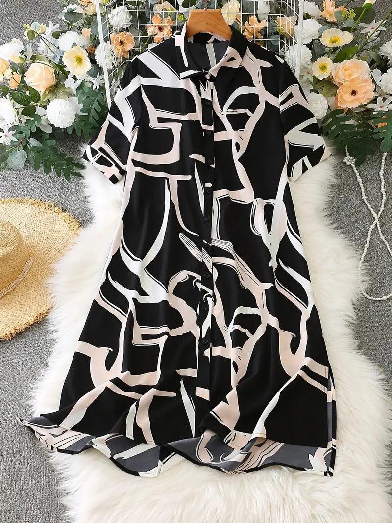 Geometric print shirt dress with lapel collar, black and white abstract graphic