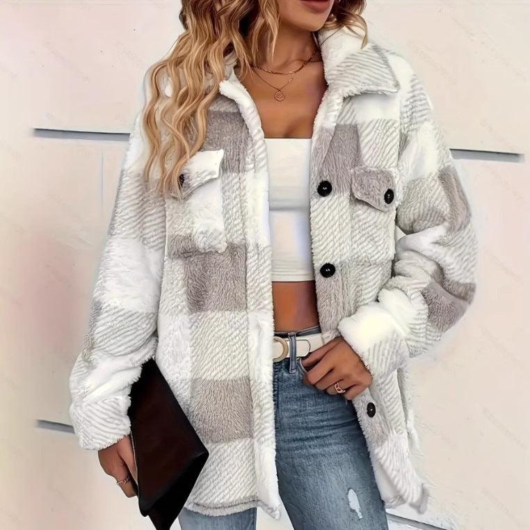 Women’s plaid fleece rag-button coat in white and gray with chest pockets and buttons