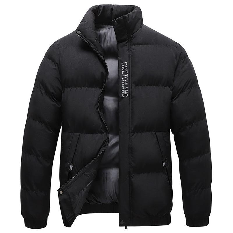 Black puffer jacket with hood and full-zip front, vertical logo label