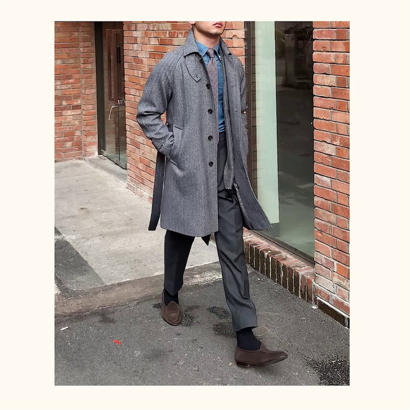 Men's Herringbone Wool Slim Fit Mid Length Coat - WOMONA.COM