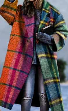 Women's plaid long-sleeve coat with front buttons, multicolor check pattern