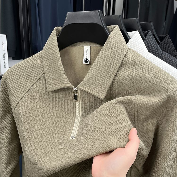 Men's Waffle-Knit Half-Zip Polo Sweater, Light Camel - product view 1