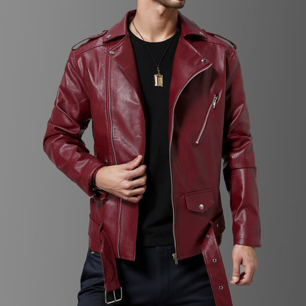 Slim-fit Lapel Leather Jacket - WOMONA.COM