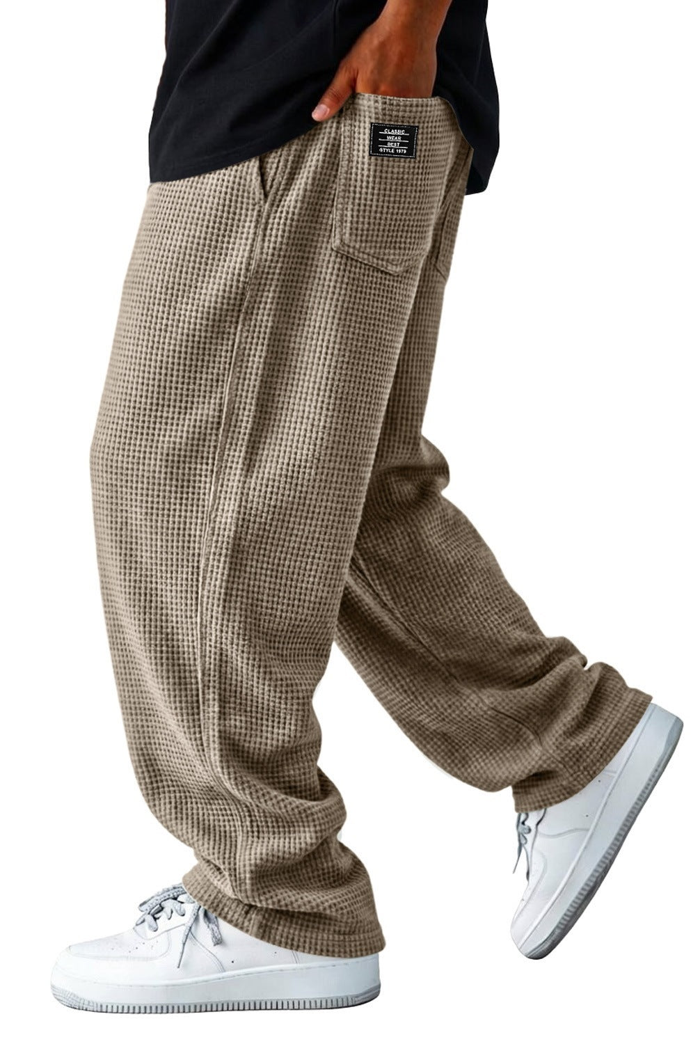 Wide-leg checkered casual pants with elastic waistband and side pocket, taupe-brown