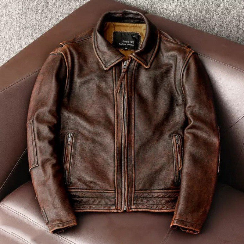 Men's Fashionable Vintage Distressed Cowhide Leather Jacket - WOMONA.COM