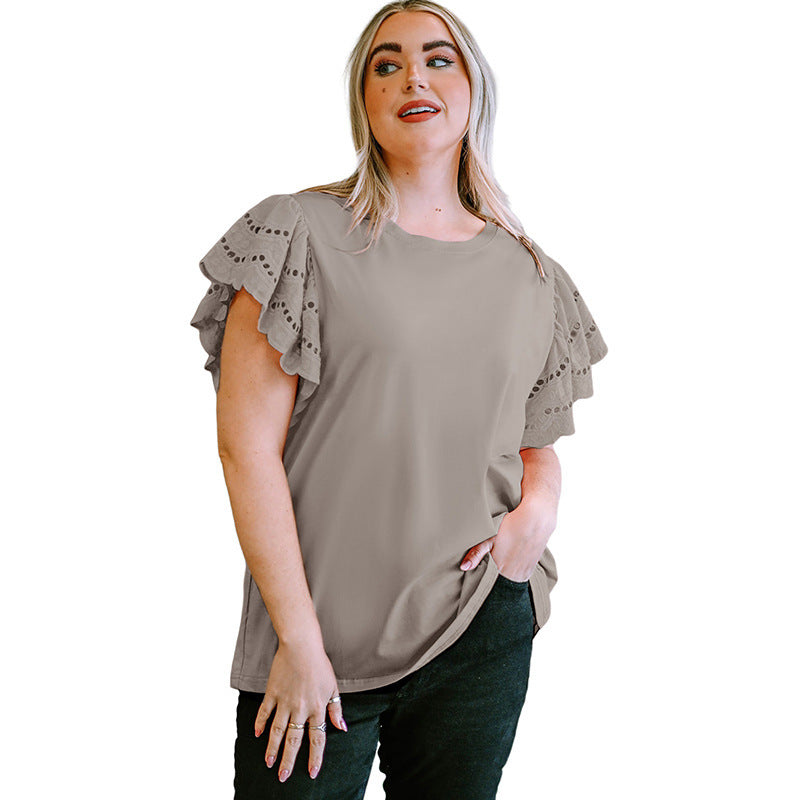 Camisa informal de manga corta con encaje calado para mujer