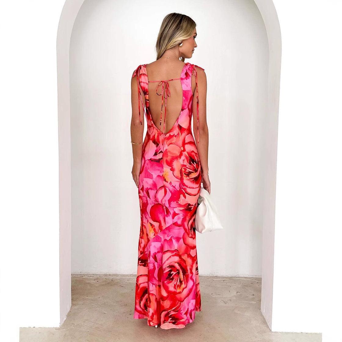 Pink rose floral V-neck sleeveless stretch maxi dress with open back and tie straps