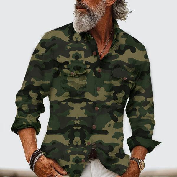 Men's green camouflage lapel button-up long-sleeve shirt with chest pockets