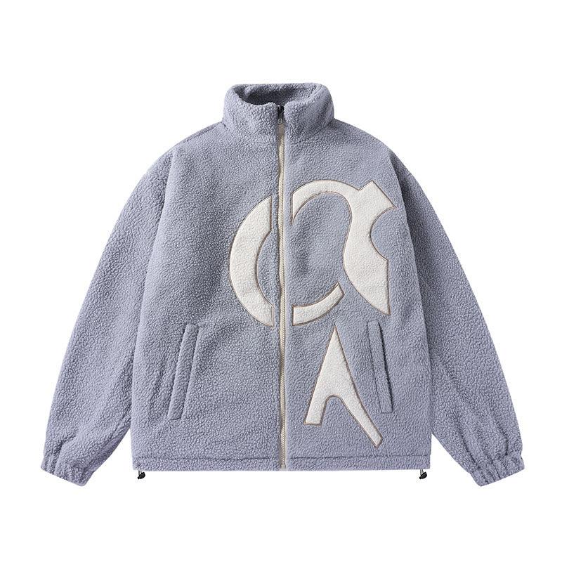 Blue-gray men's fleece coat with full-zip, high collar, and white graphic logo
