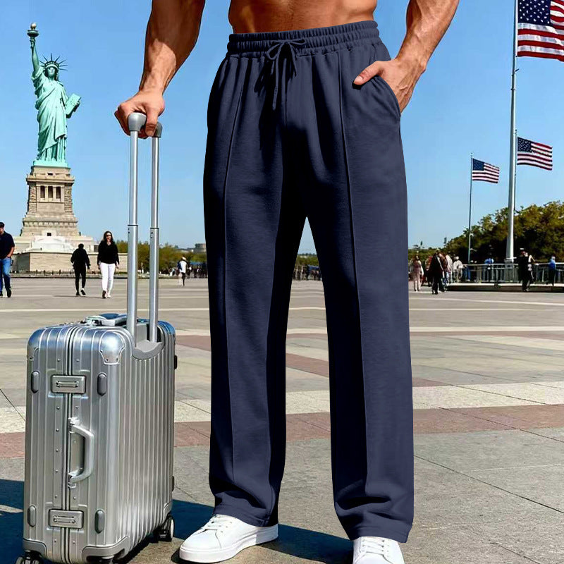 Men's knit casual straight-leg pants, navy blue, elastic waistband with drawstring