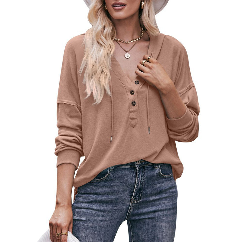 V-neck Drawstring Pullover Sweatshirt Women Tops - WOMONA.COM