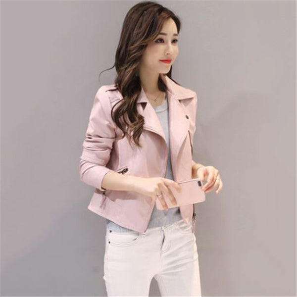 Women's short slim pink leather jacket - WOMONA.COM