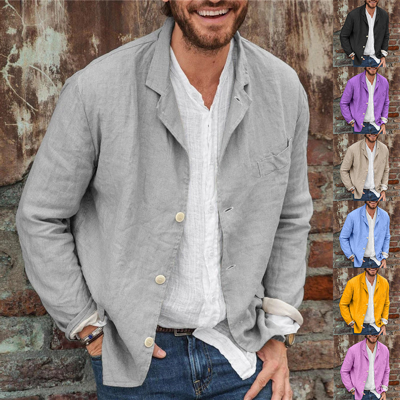 Men’s long-sleeve casual shirt jacket in heather grey, button front and chest pocket