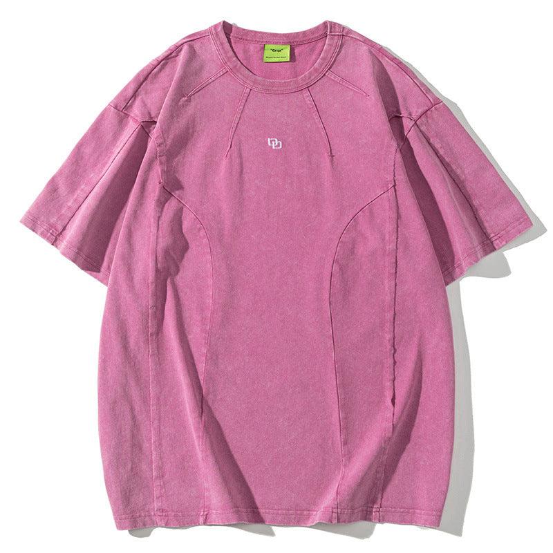 American Washed Patchwork Short-sleeved T-shirt Men - WOMONA.COM