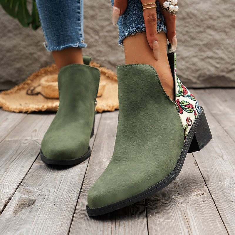 Flowers Printed Ankle Boots Fashion Side Zipper V- - WOMONA.COM