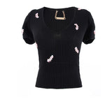 Women's V-neck Beaded Short Knit Sweater - WOMONA.COM