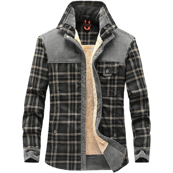 Men's Fleece-lined Thickened Long-sleeved Plaid Shirt - WOMONA.COM