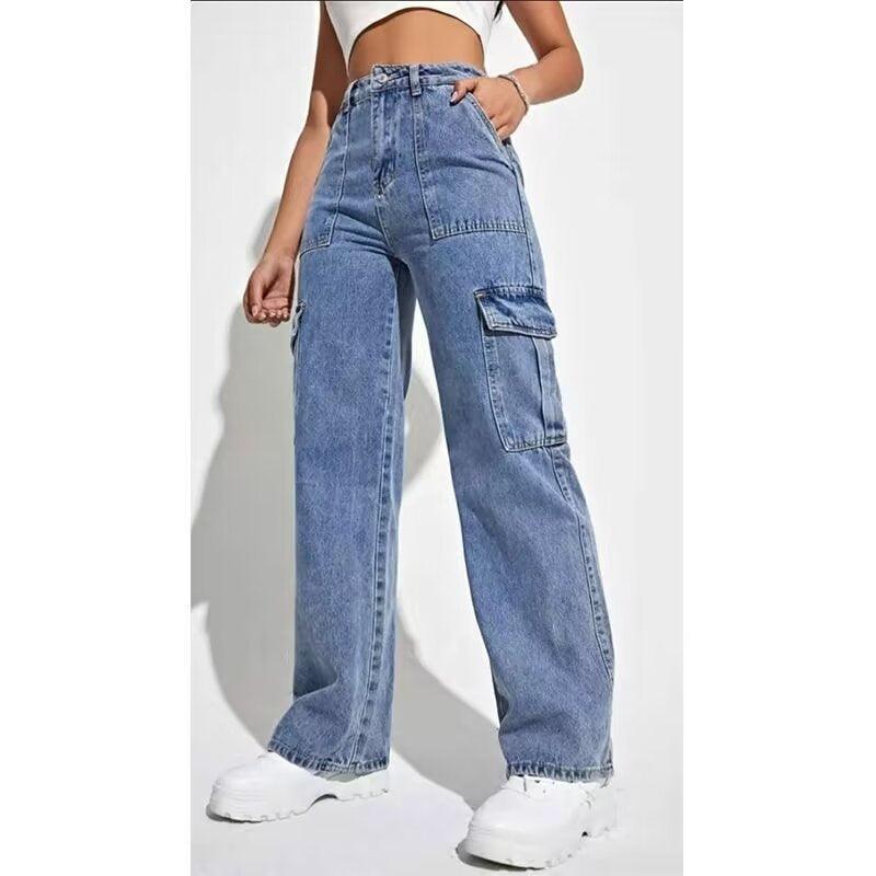 Light blue denim wide-leg cargo pants with patch flap pockets and belt loops
