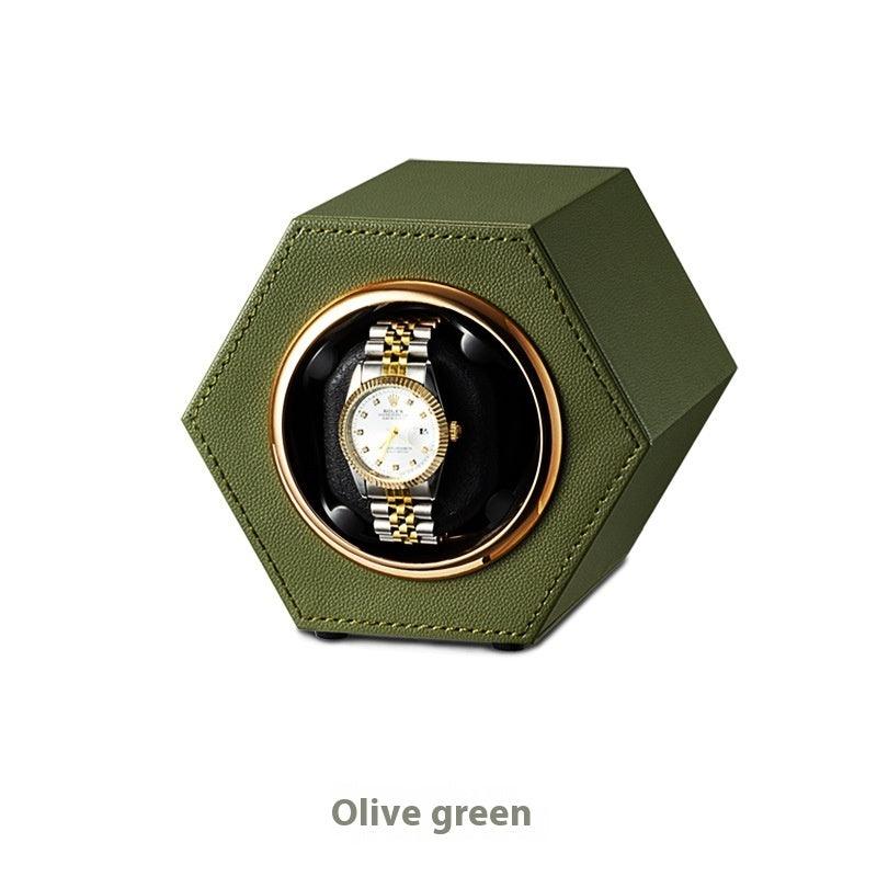 Olive green mini watch winder box with round watch window and gold-toned bezel