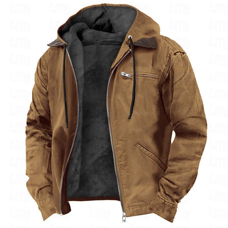 Men's long hooded zip-up pocket coat