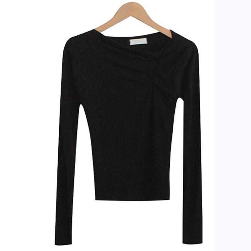 Diagonal Collar Long Sleeved Fitted T-shirt - WOMONA.COM
