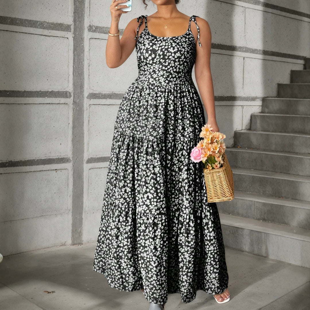 Women's plus size black floral sleeveless A-line midi dress