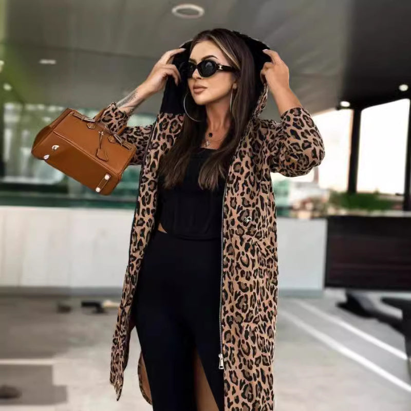 Women's Long-sleeved Hooded Floral Print Trench Coat