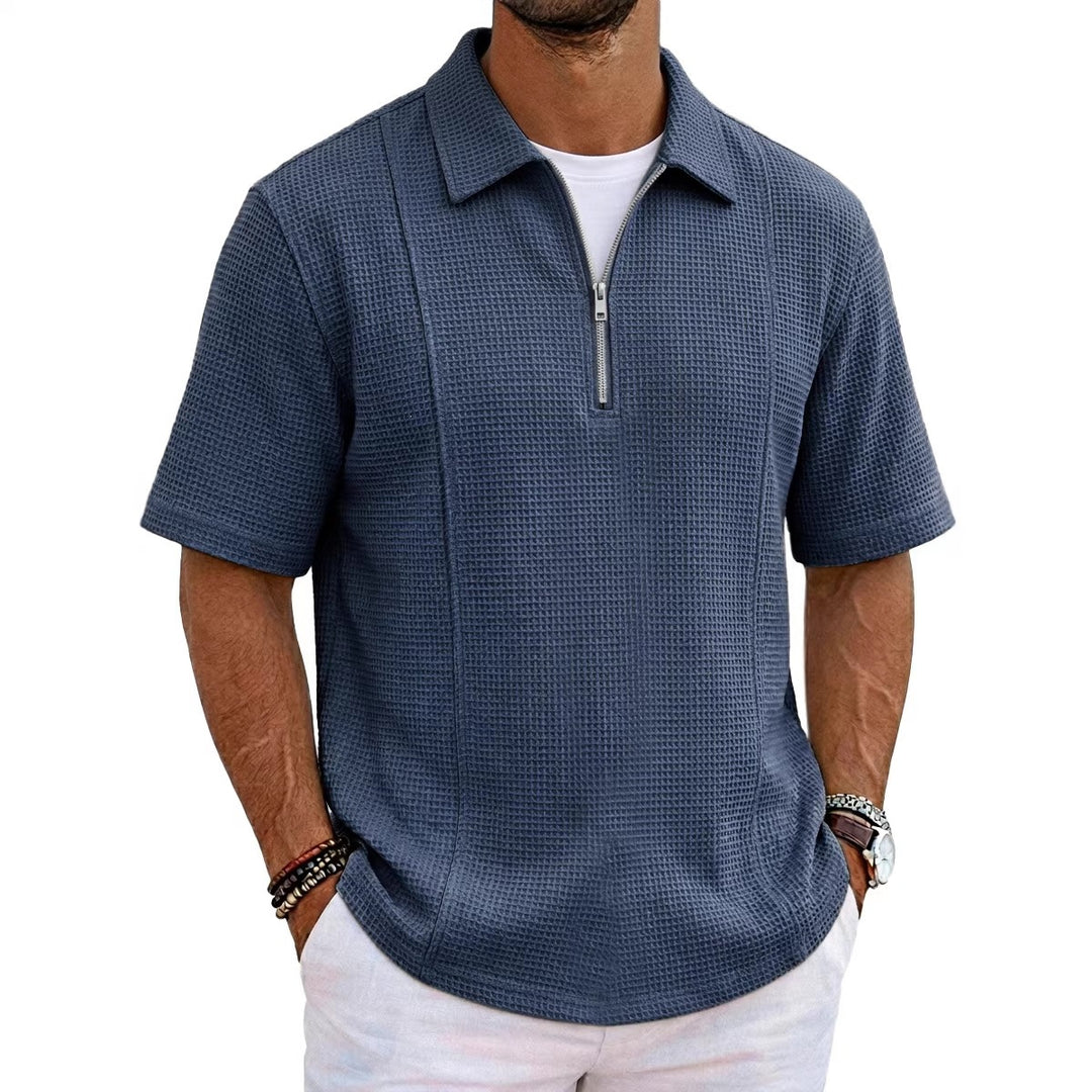 Men's half-zip polo shirt, navy blue textured knit, boat neckline