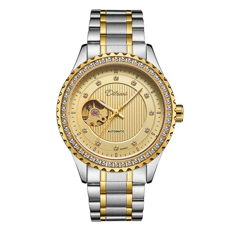 Men's two-tone mechanical diamond watch with gold-and-silver link bracelet