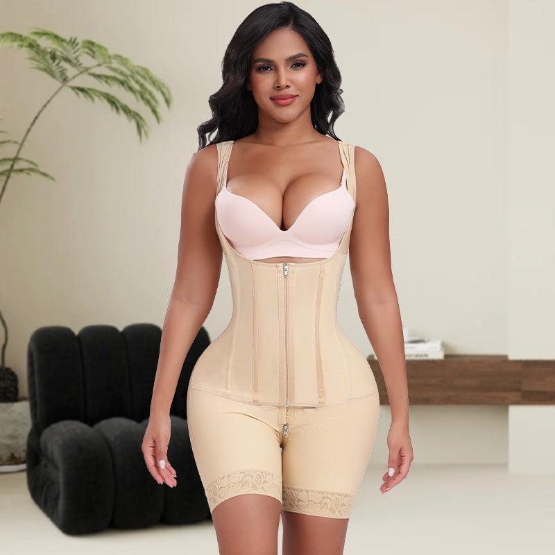 Skin-tone waist-slimming body-shaping shorts with front zipper and lace trim