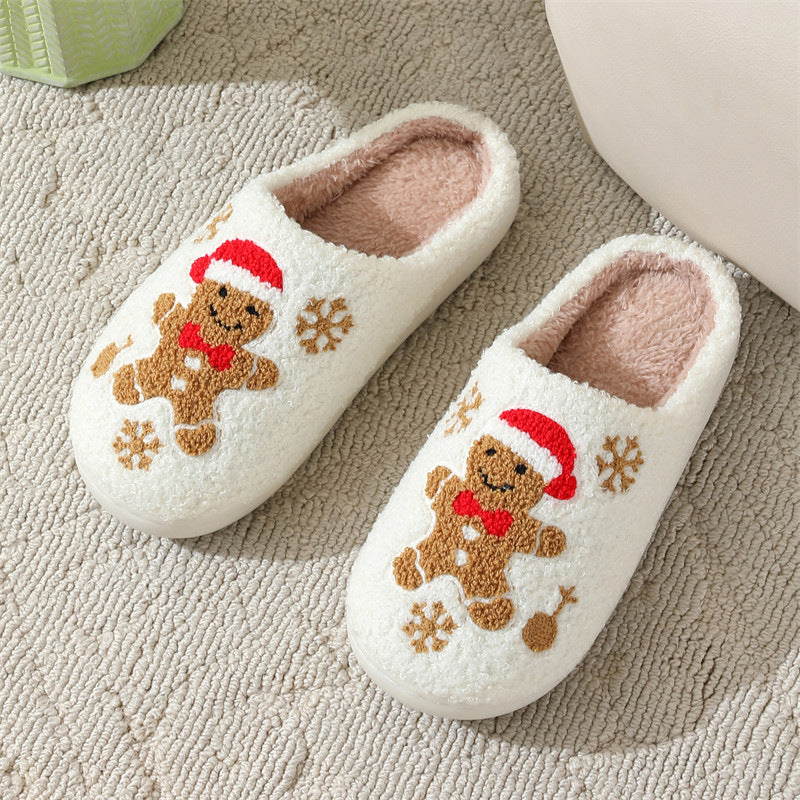 Pantuflas de jengibre con copos de nieve navideños para mujer, pantuflas de invierno antideslizantes para interiores, para dormitorio, pantuflas de casa peludas